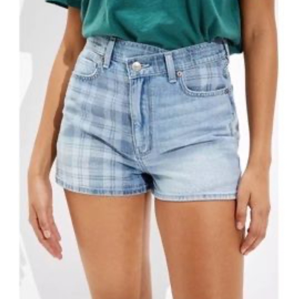 American Eagle Outfitters Light Blue Plaid Denim Shorts